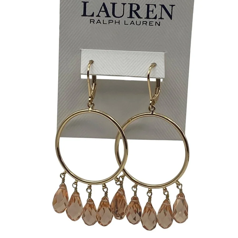 NWT Lauren Ralph Lauren Gold-Tone Hoop Earrings Peach Crystal Beads Drop Dangle - Picture 8 of 9